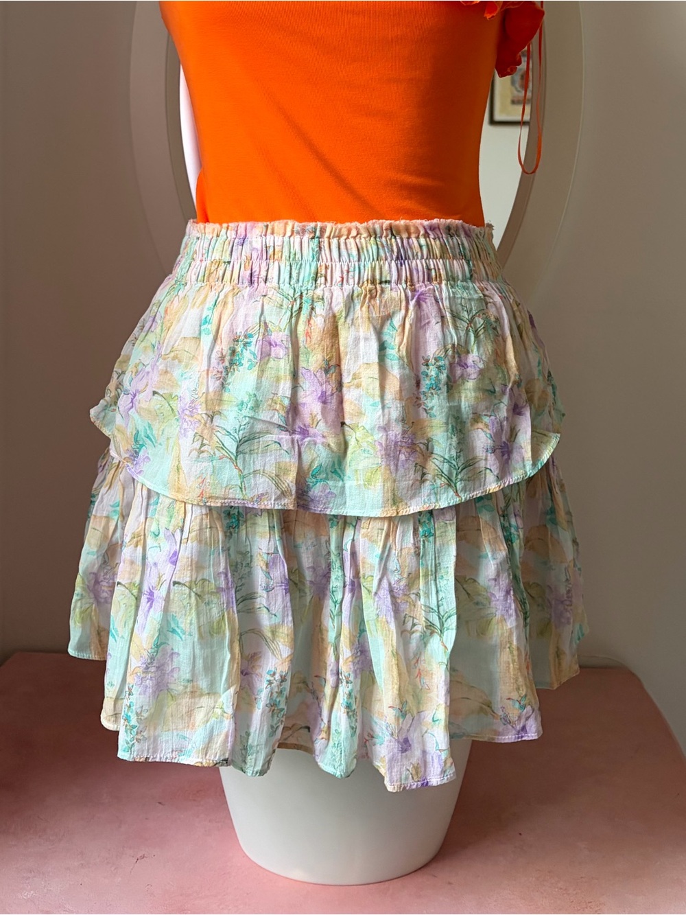 LoveShackFancy Pastel Floral Tiered Mini Skirt in Mint, Lavender, Cream